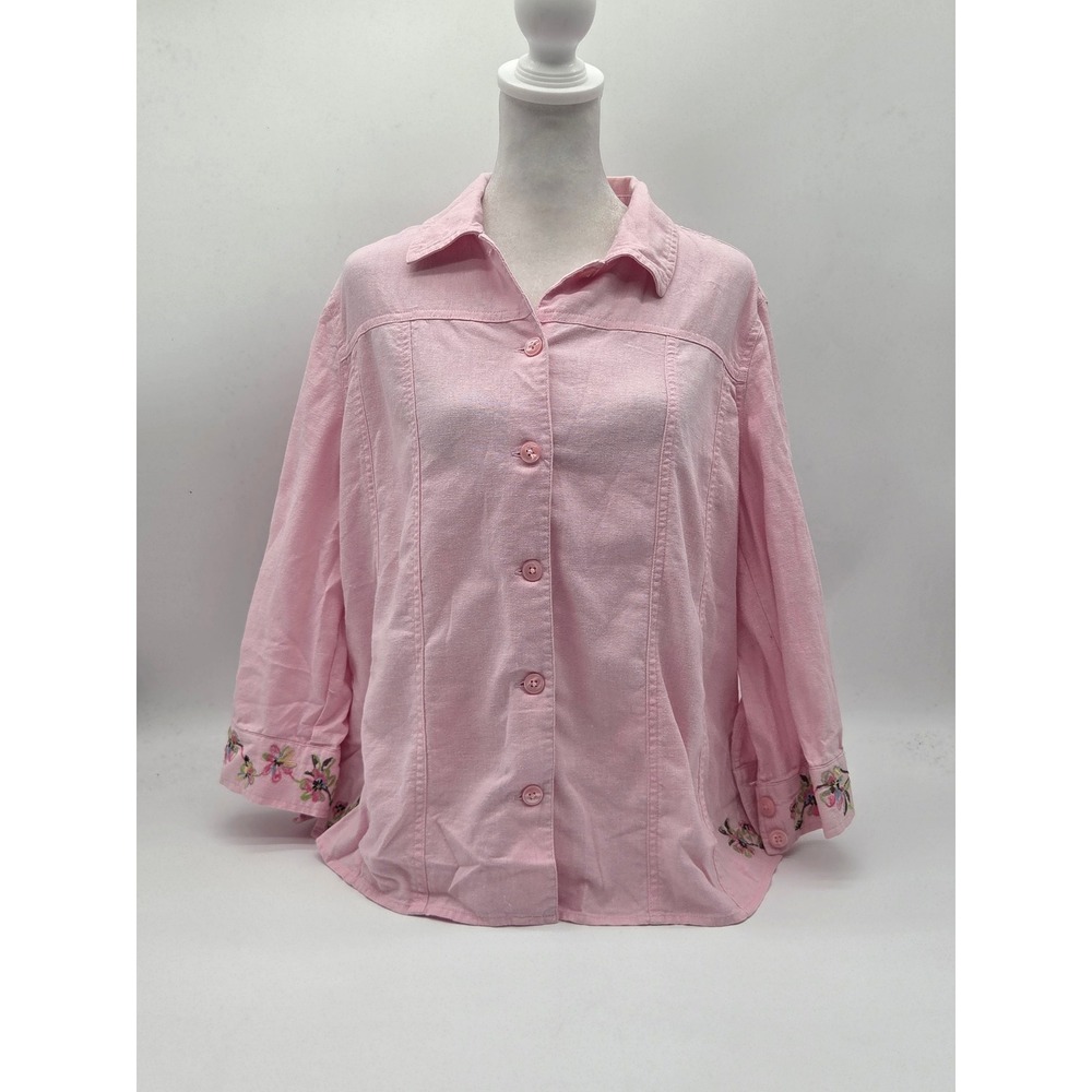 Christopher & Banks Pink Linen Rayon Embroidered Cuff Shirt M 101-900